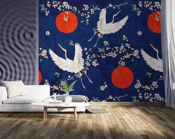 Papier peint fleur de grue japonaise - décoration murale vintage de style asiatique - autocollant, tissé, commercial, amovible