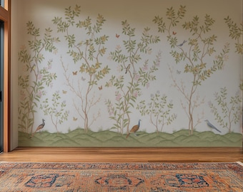 Chinoiserie Garden Birds Mural – Elegant Botanical Wallpaper