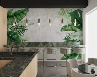 Papier peint feuille tropicale : banane verte, monstera, palmier - autocollant