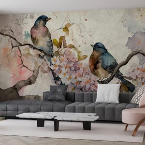 Watercolor Blossom Birds Wallpaper – Romantic Nature-Inspired Wall Mural - Peel & Stick, Woven, Commercial, Removable