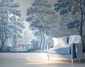 Papel pintado vintage de bosque azul, paisaje dibujado a mano, despegar y pegar