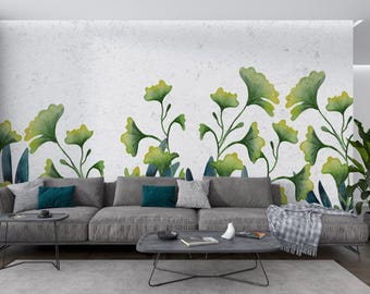 Papier peint aquarelle feuille de ginkgo - papier peint botanique vert minimaliste - autocollant, tissé, commercial, amovible