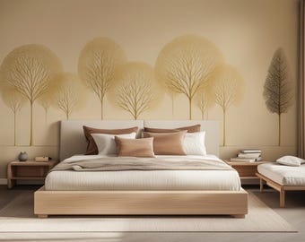 Golden Line Art Trees Wallpaper, Beige Minimalist Forest Mural, Peel and Stick