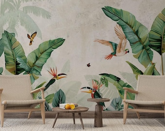 Papier Peint Oiseaux Tropicaux : Papier Peint Feuilles de Palmier de la Jungle (Peel & Stick)