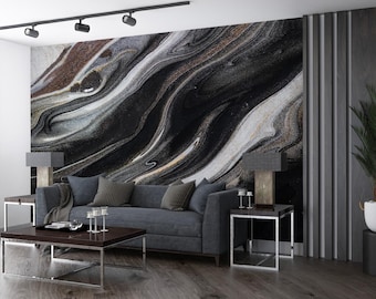 Papier peint marbre noir et blanc : décoration murale fluide et abstraite