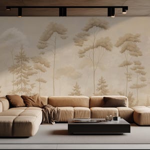 Misty Sepia Forest Mural – Tranquil Neutral Nature Wallpaper