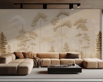 Papier peint forêt sépia brumeux - Papier peint nature neutre tranquille