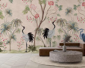 Papier peint chinois grue jardin - décoration murale botanique asiatique peinte à la main - autocollant, tissé, commercial, amovible