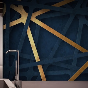 Carta da parati astratta blu navy oro di lusso - moderna carta da parati geometrica - stacca e attacca, intrecciata, commerciale, rimovibile
