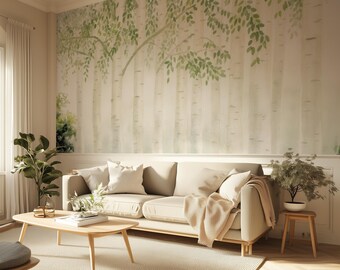 Papier peint forêt de bouleaux brumeux - Papier peint nature vert serein