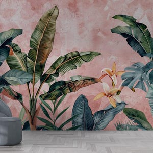 Tropical Jungle Wallpaper with Pink Wallpaper – Banana Leaves Exotic Florals Wall Mural - Peel & Stick, Woven, Commercial, Removable