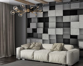 Papier peint 3D en blocs de béton : décoration murale géométrique moderne (à filmer et à coller)