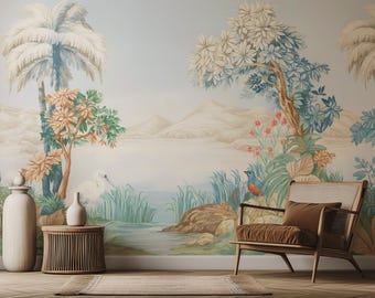 Papier peint Tropical Lake Paradise - Papier peint paysage botanique exotique