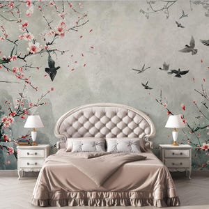 Cherry Blossom Wallpaper: Oriental Flying Birds Wall Mural (Peel & Stick)
