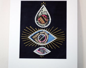 ORIGINAL Embroidered Collage 'Namaste 001' , Third Eye Art,  Original Collage, Contemporary Art, Om Decor, Home Decor, Wall Art