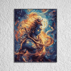 May include: A digital painting of the Hindu deity Shiva, depicted with a third eye and long, flowing hair. He is surrounded by swirling colors of blue, orange, and yellow, creating a mystical and spiritual atmosphere.