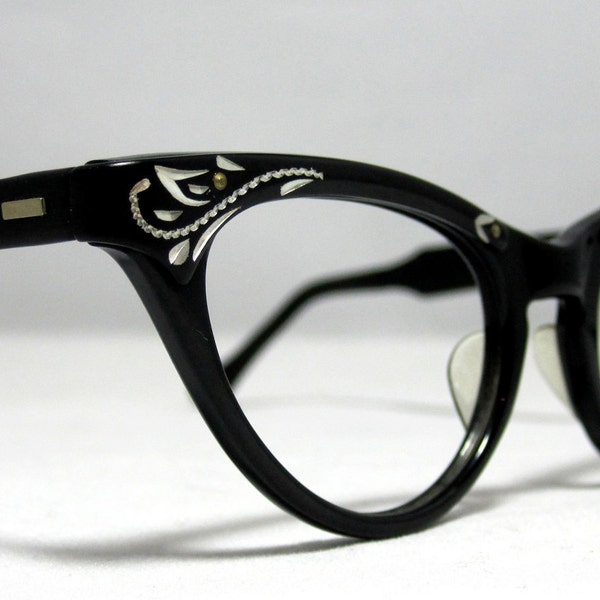 Vintage Cat Eye Glasses Frames. Black and Silver with Etched Designs NOS