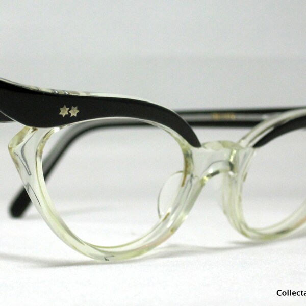 Vintage Eyelgasses. 50s gevleugelde kat bril. Zwart en helder