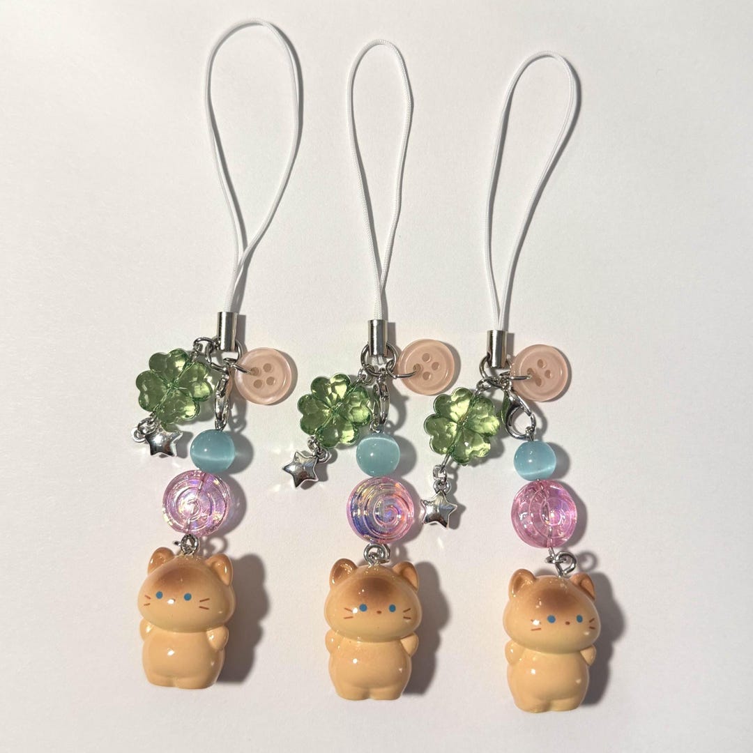 Heisei Retro Toasted Brown Kitty Phone Charm, Button + Clover Bead ...