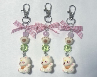 clover kitty keychain, gingham bow, heisei retro charm strap