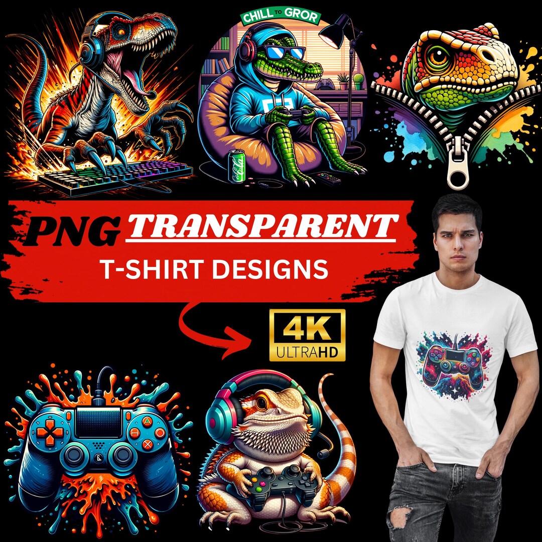 Gaming Dinosaur & Lizard PNG Transparent T-shirt Design Bundle – 4K ...