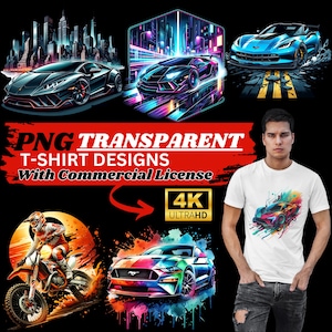 Supercar & Motorcycle PNG Transparent T-Shirt Design Bundle – 4K Racing Graphics for POD, Streetwear | Digital Download