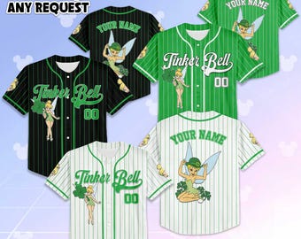 Custom Tinker Bell St Patrick's Day Baseball Jersey, Disney Peter Pan Jersey Shirt, Matching Disney Trip Outfit, St Patrick's Day Gift