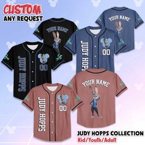 May include: Baseball-style jerseys in black, blue, and mauve, featuring the character Judy Hopps from Zootopia. Each jersey has "Judy Hopps" or "Your Name" printed on them, along with the number "00". The text "CUSTOM ANY REQUEST" is at the top.