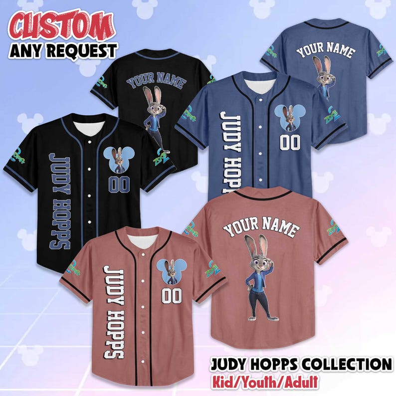 May include: Baseball-style jerseys in black, blue, and mauve, featuring the character Judy Hopps from Zootopia. Each jersey has "Judy Hopps" or "Your Name" printed on them, along with the number "00". The text "CUSTOM ANY REQUEST" is at the top.