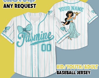 Benutzerdefinierte Jasmin Baseball Jersey, personalisierte Disney Prinzessin Jasmin Baseball Shirt, Aladdin Fan Geschenk, passendes Disney Trip Outfit