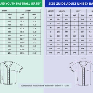 May include: Size guide for kids, youth, and adult unisex baseball jerseys. Charts display chest, length, bust, sleeve, and shoulder measurements in inches and centimeters. Includes jersey diagrams for reference.