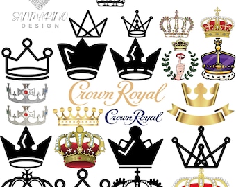 May include: A collection of crown designs in various styles, including silhouettes, ornate jeweled crowns, and a gold banner. The image also features the text "Crown Royal" and "Design 22 Files 66". The crowns are in gold, silver, red, and black.
