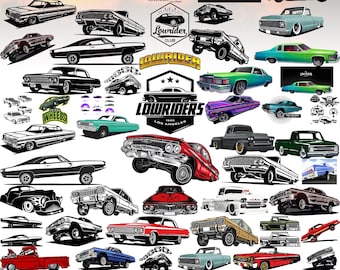May include: A collection of black and white illustrations of lowrider cars. The illustrations feature various car models, including sedans, trucks, and convertibles. The cars are depicted with exaggerated wheels and lowered suspensions, a hallmark of the lowrider style. The illustrations are set against a white background.