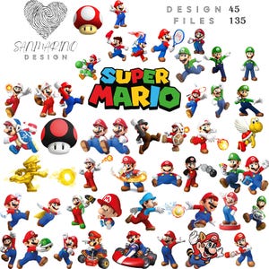 Dessin animé Mario et personnages de jeu Svg//impression numérique/bundle fête d'anniversaire jour spécial/t-shirt/sweat à capuche/autocollant/cupa/poster png/
