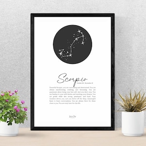 Digitale afdrukbare Schorpioen dierenriem | Horoscoop kunst aan de muur | Astrologie print en cadeau | Uniek sterrenbeeldcadeau | Hemels symbool Schorpioen