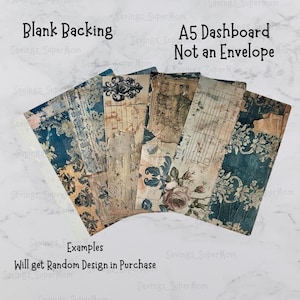 May include: A5 sized dashboard with a blank backing. The dashboard is not an envelope. Examples of different designs are shown in the image. The designs are vintage and feature blue, white, and brown colors.