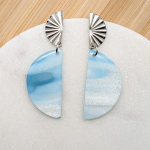 "Serenity" Earrings in Silver Stainless Steel with Blue Marbled and Glittery Half-Moon