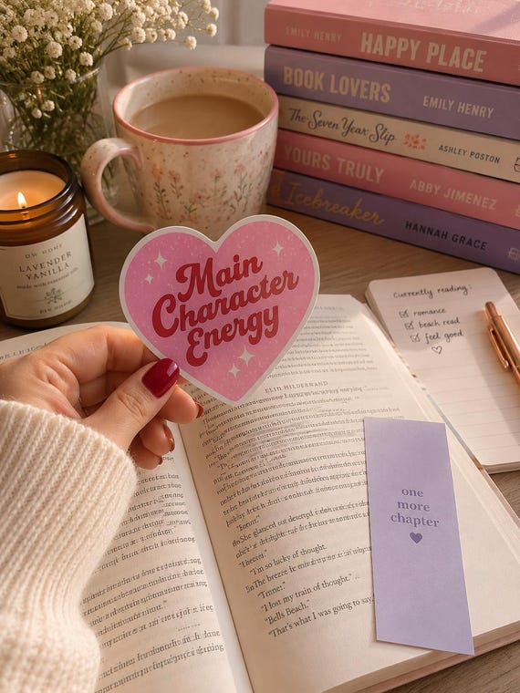 Main Character Energy Funny Bookish Sticker | Romance Reader Gift | Pink Heart Sticker Cute
