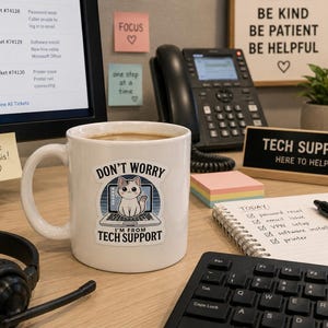 Puede incluir: Una taza de cerámica blanca con un gráfico de un gato sentado sobre una computadora portátil con el texto "DON'T WORRY I'M FROM TECH SUPPORT" impreso en negro. La taza tiene un asa estándar, contiene un líquido marrón y está sobre un escritorio.