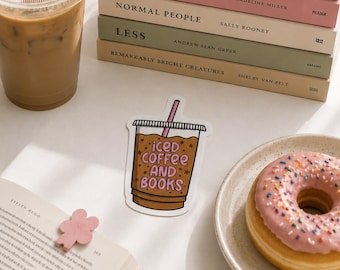 Iced Coffee and Books Sticker | Cute Bookish Sticker for Reader | Aesthetic Kindle Laptop Decal Gift