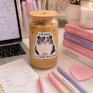May include: A clear glass tumbler with a bamboo lid and a glass straw, filled with iced coffee. A sticker on the front features a grumpy cat with the text I'm Fine. It's just my face. The glass is positioned among study materials including textbooks, a laptop, and pens.