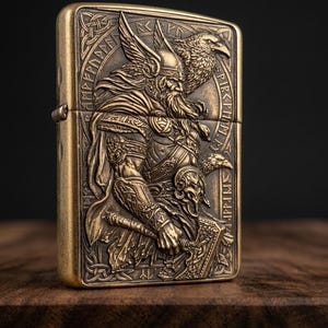 3D Graviertes Armor Zippo Feuerzeug – Wikinger Odin Design – Lasergravur – Geschenk für Männer – Nordic Mythology Lighter