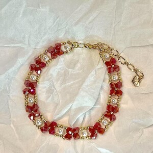 Handmade Red Crystal Flower Bracelet: Faux Pearl, 18K Gold-Plated