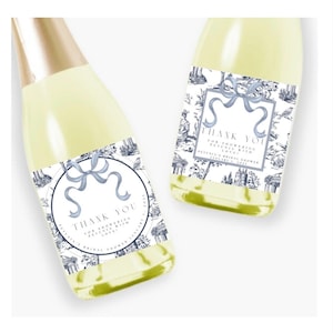 Étiquette de bachelorette ou de douche nuptiale en toile avec noeud bleu, taille réelle et mini.