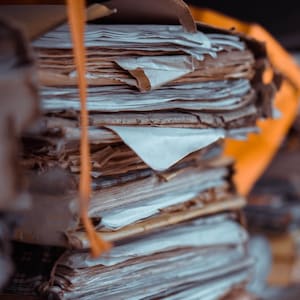 May include: A tall, uneven stack of weathered, aged paper documents with frayed, brown edges and visible creases. The sheets are layered in a disorganized pile, featuring varying shades of off-white, beige, and tan, with a thin orange string visible.