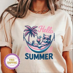 Hello Summer Cat Shirt – Funny Summer Cat Beach T-Shirt – Cool Chill Cat Lover Tee – Summer Vibes Gift for Him or Her – Vintage Beach Shirt