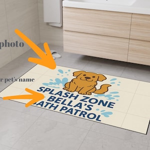 Pet Bath Patrol Floor Mat, Customizable Bathroom Door Mat, Cute Cartoon Style Design, Splash Zone, Heavy Duty Mat, Cat Dog Pet Lover Gift,