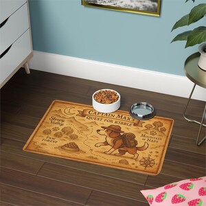 Alfombrilla personalizada para comida de mascotas, diseño de mapa del tesoro fantástico, ilustración de explorador personalizada, estilo cuento de hadas.