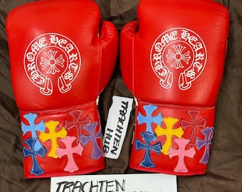 Handmade Cowhide Leather Boxing Gloves: Custom Chrome Heart Design
