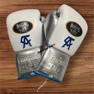 May include: Pair of white and silver boxing gloves with blue trim. The gloves have the text "No Boxing No Life" and a logo with the letter "A" on them.